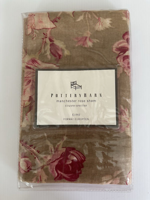 Pottery Barn ~  MANCHESTER ROSE ~ EURO Pillow Sham Red Floral Brown HTF NEW-image