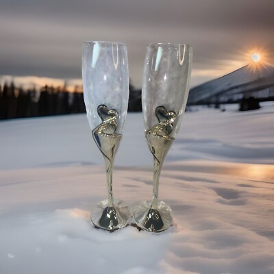 Studio His & Hers Toasting Glasses Gold Tone With Hearts Rhinestones EUC 10 1/2”-image