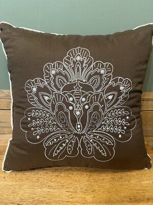 Madison Park Embroidery Flower Faux Pearl Pillow. Measures 16” X 16” Brown-image