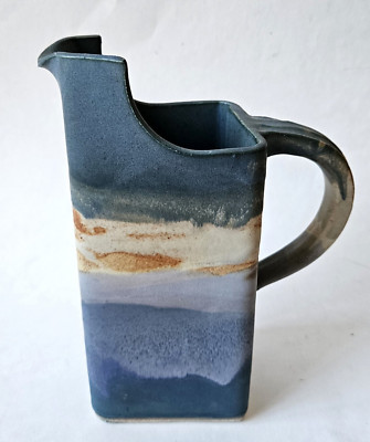 Studio Art Pottery Square Milk Pitcher Jug Stoneware Blue Tan Signed-image