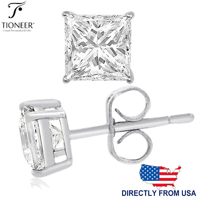Sterling Silver 925 Princess Square Cut Cear CZ Stud Pair Earrings | US SELLER-image