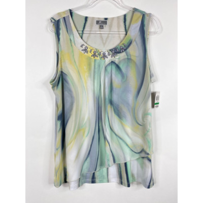 JM Collection Blouse Womens L Green Dip Swirl Sleeveless Tiered Beads Knit New-image