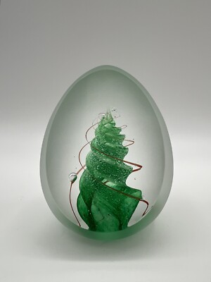 LEIXUS Egg Shaped 3.5” Paperweight w Green Swirl Tree Design Signed-image