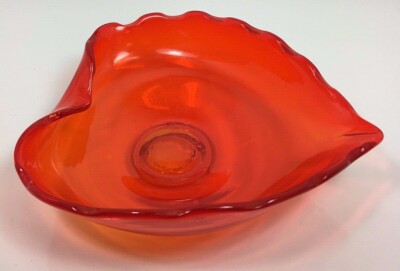 Collectable MCM Orange Hand Blown Art Studio Glass Leaf Shaped Bowl-image