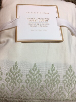Pottery Barn Teen Indira Jacquard Embroidered Twin Duvet Ivory & Sage Green-image