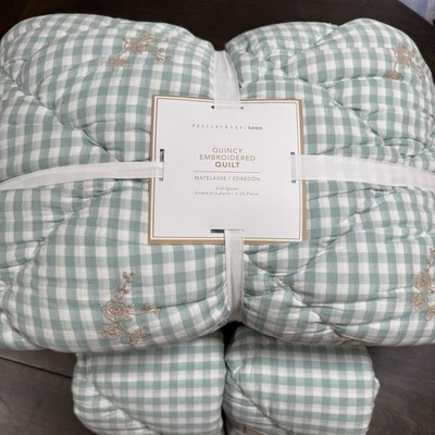 POTTERY BARN TEEN QUINCY EMBROIDERED F/Q QUILT & SHAM SET GREEN-image