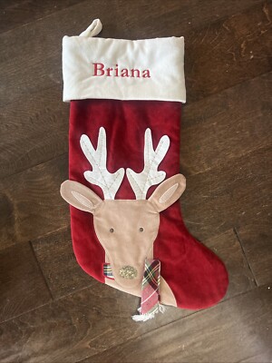 NWOT Pottery Barn Kids Reindeer Deer Red Velvet Christmas Stocking Mono Briana-image