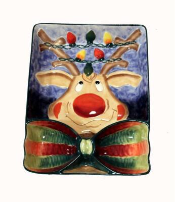 Red Nose Reindeer Christmas Large 3-Section Divided Chip Dip Bowl NEW 2001 DISC-image
