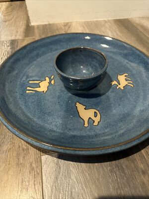 Rare HTF Handmade Pottery Moose Bear  Large Dip Bowl By Two Dog Pottery, Alaska-image