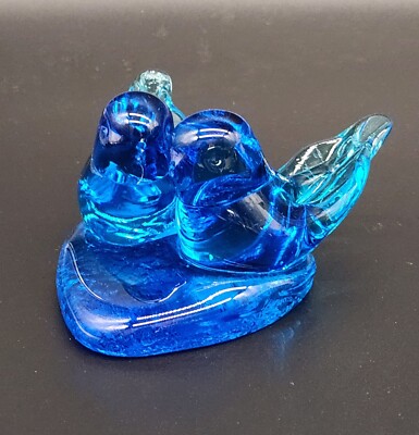 Signed Double Glass Bluebirds of Happiness on Heart Shaped Base Leo Ward 2000-image