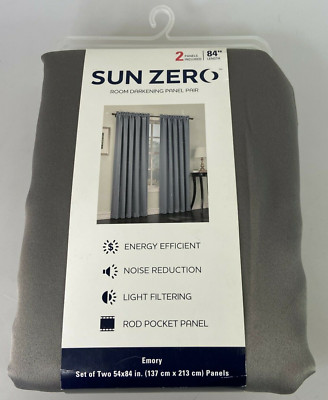 Sun Zero Emory Gray 2-Pack Room-Darkening Rod-Pocket Curtain Panels, 54