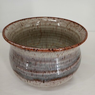 Artisan Pottery Bowl Planter Shaped Brown & Grey Stoneware Signed 6