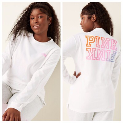 VS VICTORIAS SECRET PINK CAMPUS LONG SLEEVE TEE TOP OPTIC WHITE DIP DYE XXL-image