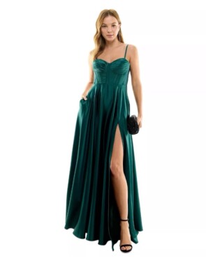 NWT City Studio Women’s Satin Embroidered Evening Dress Hunter Green Size 13-image