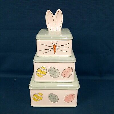 Potter's Studio EASTER Bunny Ears Embossed Eggs Ceramic Stacked Canister VHTF-image