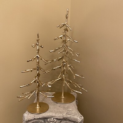 NEW Pottery Barn Brass Gold Sculpted Trees Medium & Large Set of 2 ~ Christmas-image