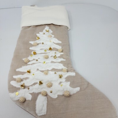 NEW Pottery Barn IVORY TREE EMBELLISHED VELVET STOCKING sherpa bead NO NAME MONO-image