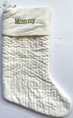 POTTERY BARN CHANNEL QUILTED VELVET LARGE CHRISTMAS STOCKING MOMMY IVORY NEW-image