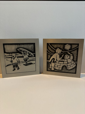 Set Of 2 Vintage Orchard Studio Original handcrafted Eskimo Inuit Etching Plaque-image
