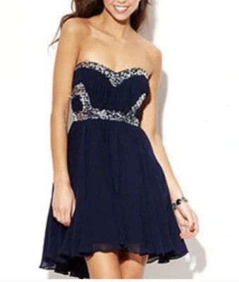 City Studio Navy Blue Sequin Fit And Flare High Low Hem Strapless Dress Juniors-image