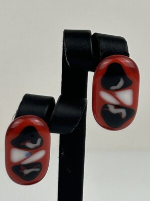 VTG Studio Art Glass Red Black Oval Cylinder Shaped Earrings Womens Abstract-image