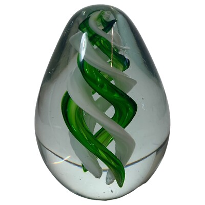 Vintage Hand Blown Studio Art Glass Paperweight Green White Swirl Egg Shaped-image