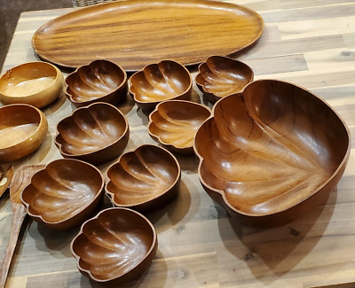 Vintge Mid Century Modern Monkey Pod 10 Piece Salad Set Large Platter 2 Dip Bowl-image