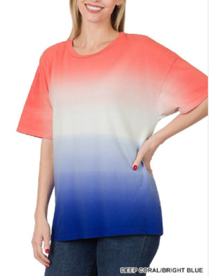 Zenana Outfitters XL  Cotton Dip Dyed Boxy Cut Round Neck Tee Shirt Coral/Blue-image