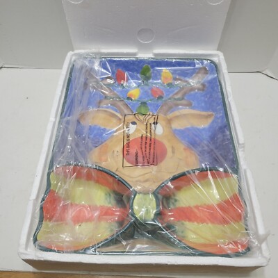 New Large Christmas Clay Art Reindeer Chip Dip Divided Platter 15 1/4  x 11 1/2-image