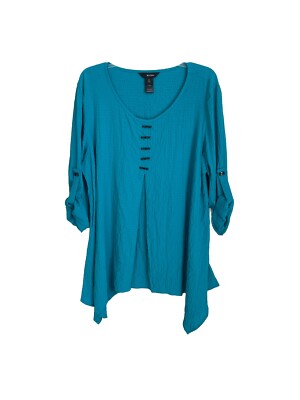 Ali Miles Teal Roll Tab Sleeve Dip Hem Tunic Art to Wear Artsy Size XL-image