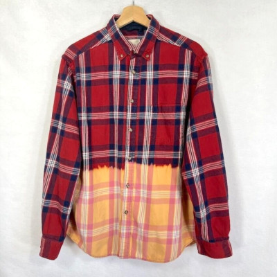 Urban Renewal Mens Flannel Shirt Plaid Dip Bleached Button Down Grunge Large-image