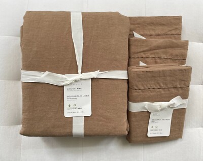 Pottery Barn BELGIAN FLAX LINEN Duvet King Cali King & 3 Euro Shams Bronze NWT-image