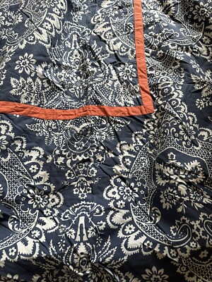 Pottery Barn Elaine Duvet Cover Full Queen Blue White Coral Trim Floral-image