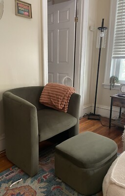 Upholstered Barrel Accent Chair With Storage Ottoman Olive Green Velvet Wayfair-image