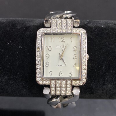Ladies Studio Silver Tone Link Bracelet Watch Retro Wristwatch Square Face Bling-image