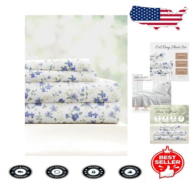 4-Piece Light Blue Floral California King Bed Sheet Set - Ultra-Soft Comfort-image