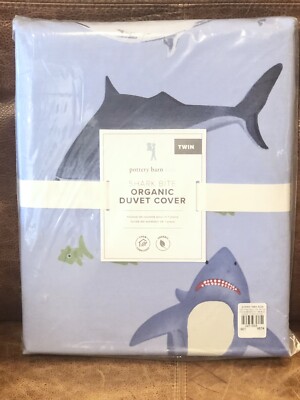 NEW Pottery Barn Kids Organic Shark Bite Twin Duvet Cover, Ocean, Fish, Nautical-image