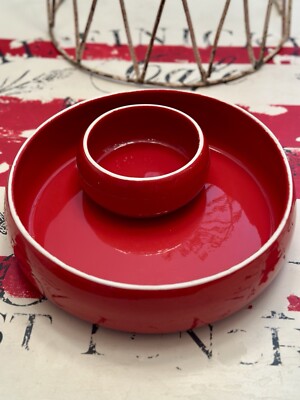 Large VTG Over & Back Inc. Italy Red Glazed Terra Cotta Circular Chip&Dip Bowl-image