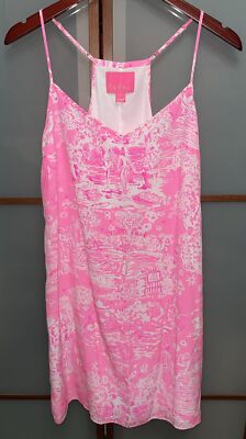Lilly Pulitzer Dusk Hot Pink Censored Skinny Dipping Silk Slip Dress Size L-image