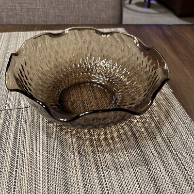 Vintage Smoke Gray Glass Chip & Dip Set Diamond Pattern With 2 Dip Bowls In Rack-image