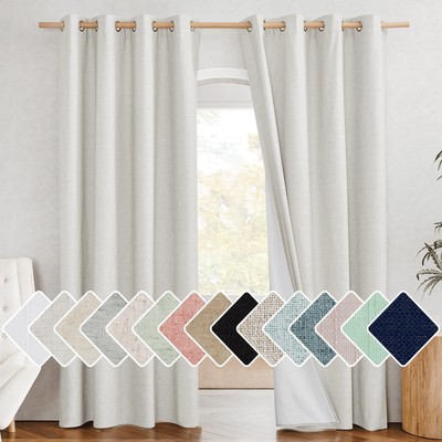 100% Absolutely Blackout Linen Curtains with Thermal Insulated White Liner, I...-image