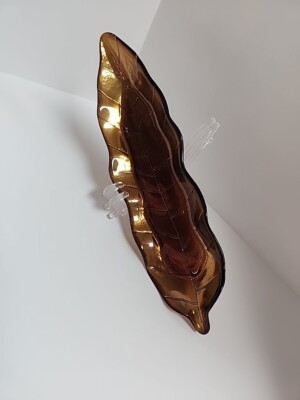 VTG Amber Art Glass Nature Leaf w/ Stem Shaped Trinket Dish 11 1/4