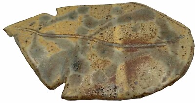Studio Pottery Serving Plate Dish Leaf Shaped Handmade Pottery Art Footed MCM-image