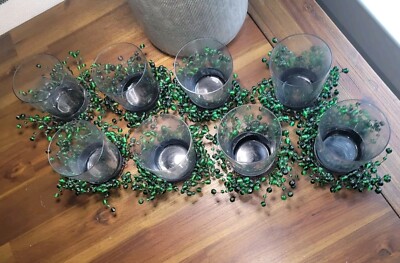 Set Of 8 POTTERY BARN GREEN PEPPER BERRY GLASS BEAD CANDLE VOTIVE -image