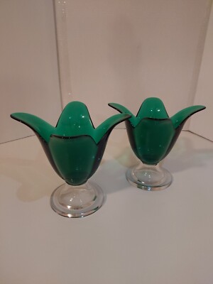 Set of 2 Studio Nova Tulip Shaped Green Art Glass Vase Pedestal 6.75”-image