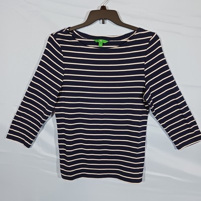 DIP Brand Top Women's Large Blue and White Striped 3/4 Sleeve Cotton Blend Soft-image