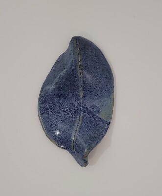 Studio Art Pottery Clay Leaf Decor Trinket Blue Glaze, Marked-image