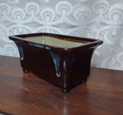 Vintage Handmade Art Studio Pottery Footed Square Planter Brown Glazed Large -image