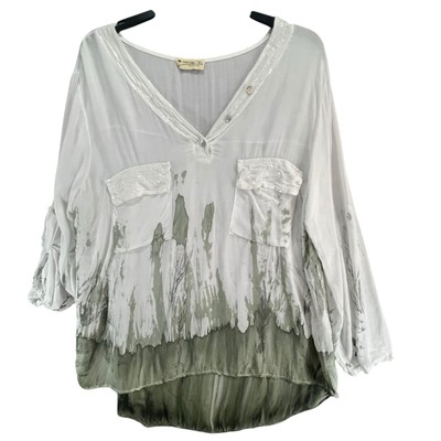 Impulse California Top Womens L White Green Dip Dye Sequined Coastal Lagenlook-image