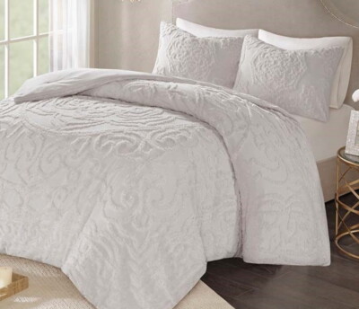 GREY CHENILLE VINTAGE PLUSH COTTON GRAY COMFORTER SET: Queen, King or Cal King-image